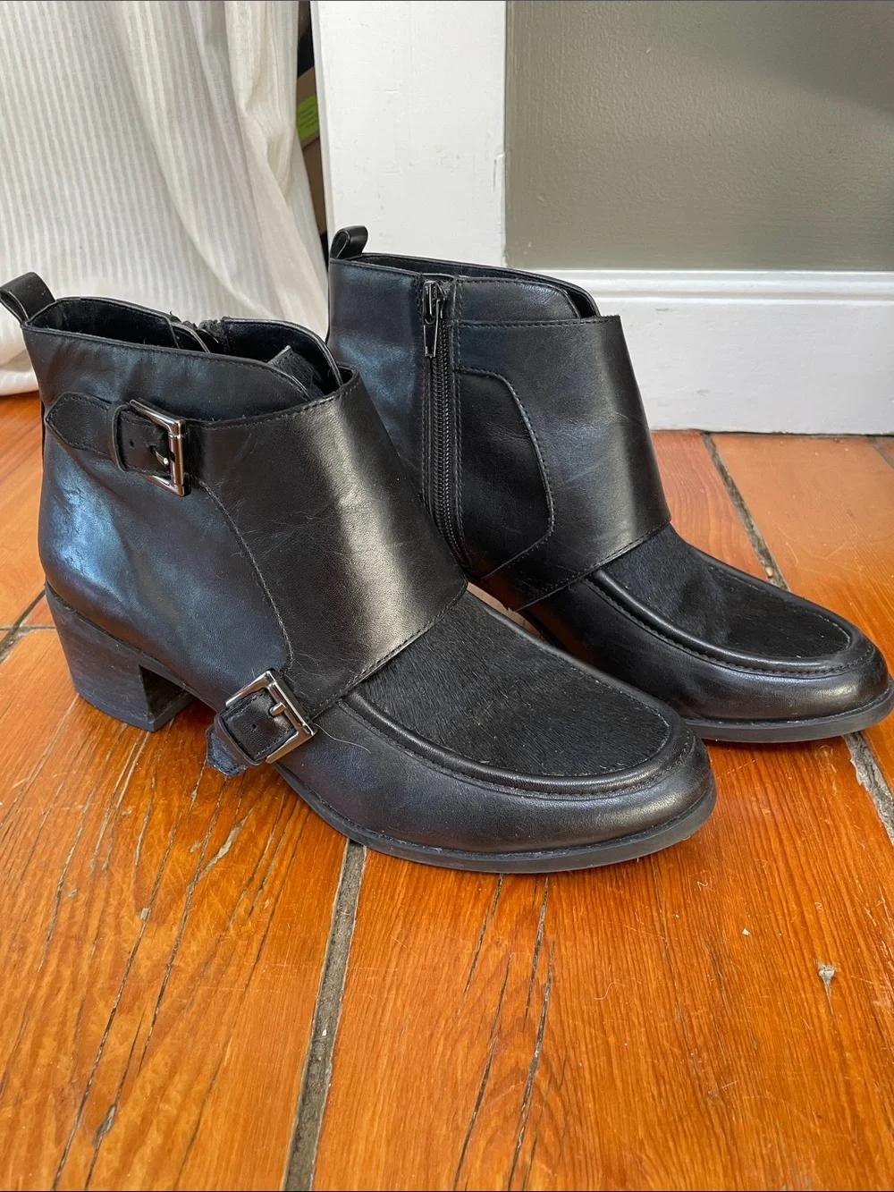 Anne Klein Women's Black Leather Ankle Booties with Buckle Detail